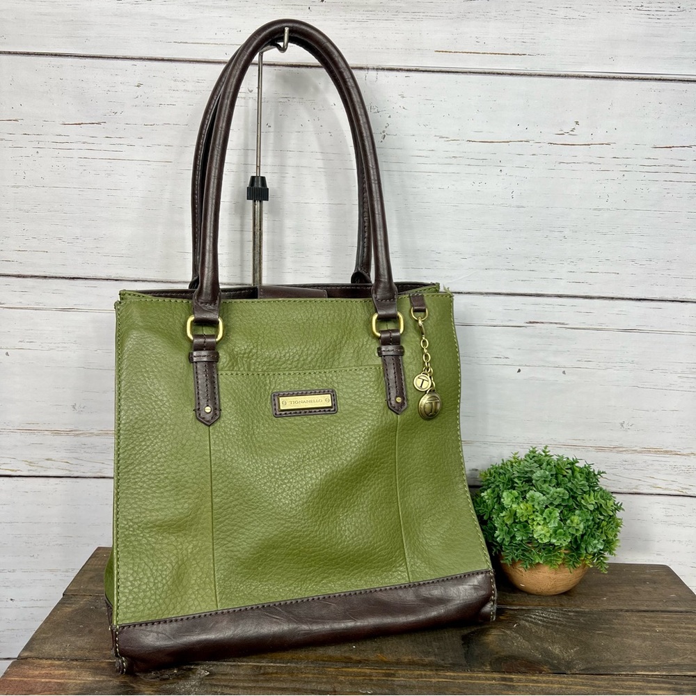TIGNANELLO Green & Brown Leather Tote with Charm Accents